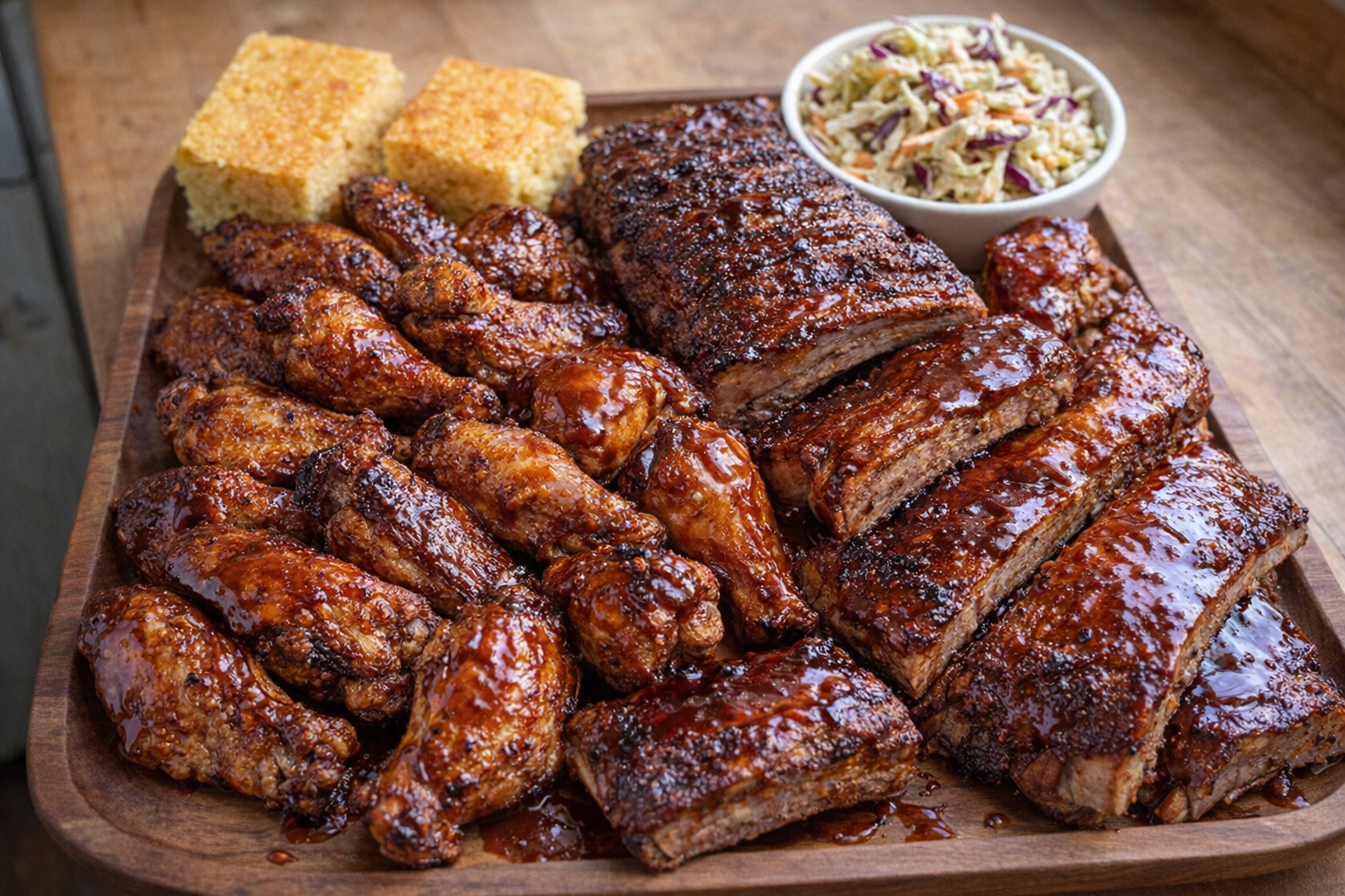 An overhead shot of grilled chicken wings and ribs slathered in various BBQ sauces, arranged on a wooden platter with cornbread and coleslaw